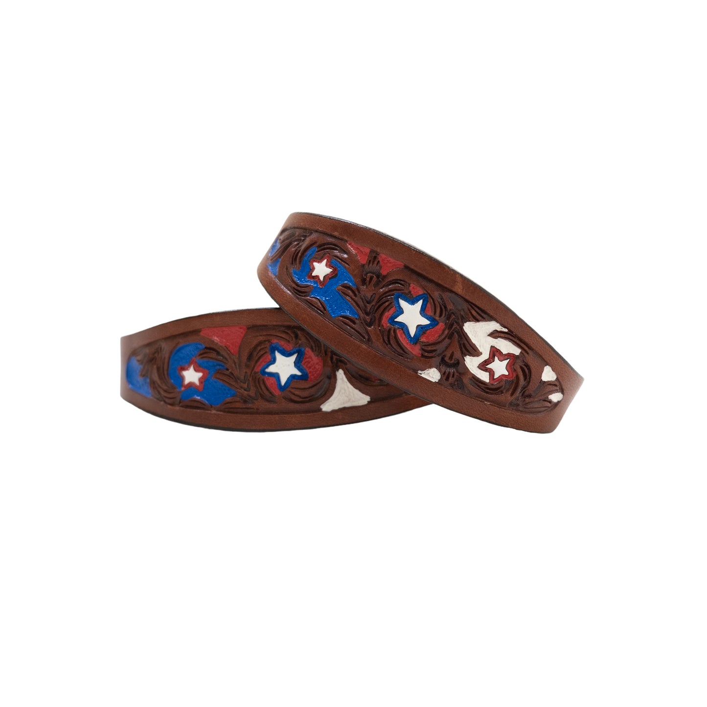 M-304-USA Stirrups hobble straps toast leather combo AA and star tooling with multicolored background paint.