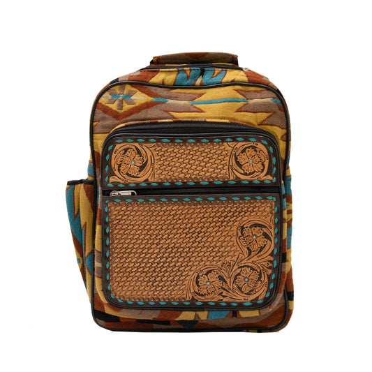 Backpack golden leather patch basket and wyoming tooling with buckstitch and paint to the edge
