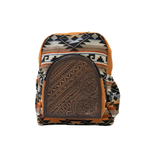 Mini backpack chocolate leather patch geo-aztec and wild rose tooling