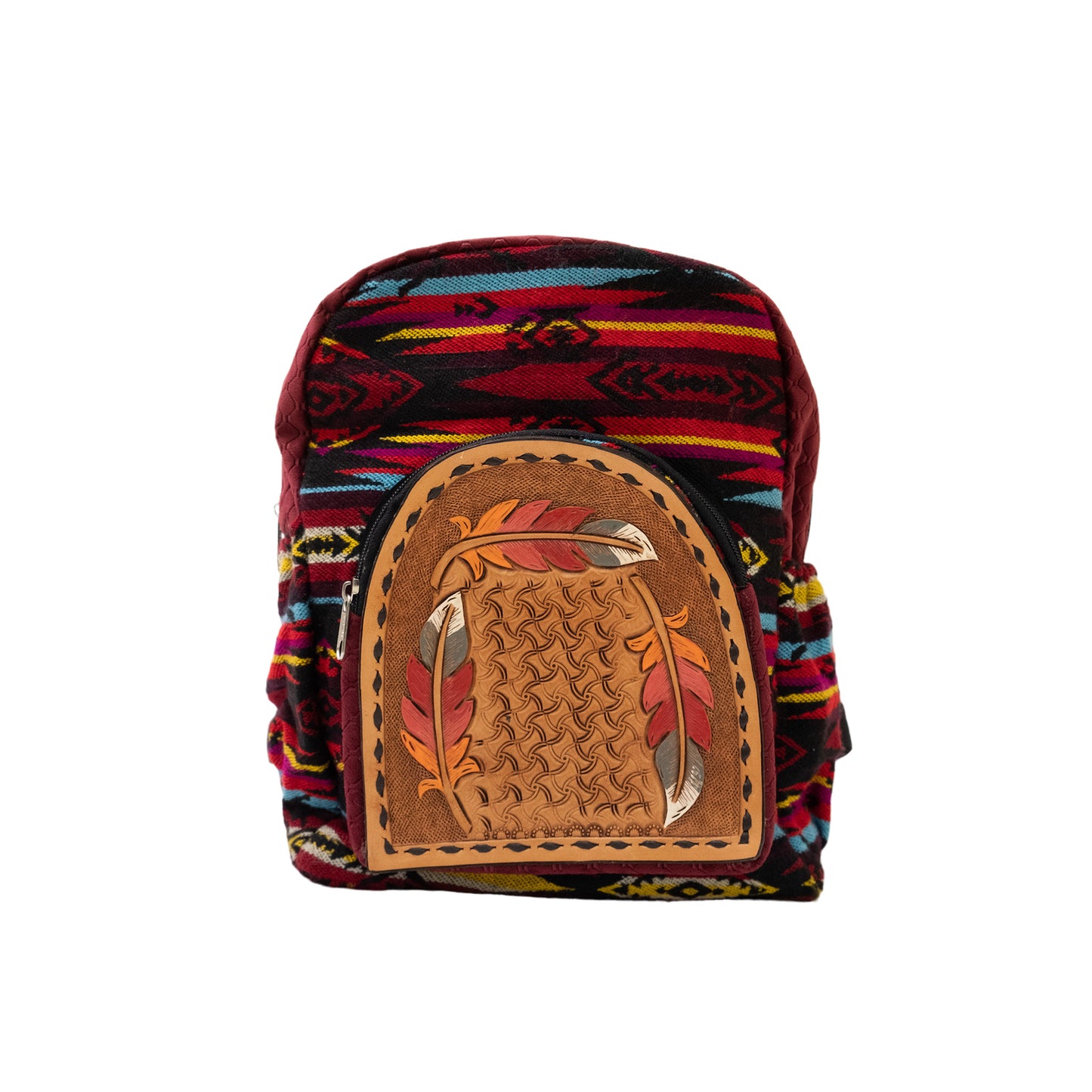 Mini backpack golden leather patch pinweel and feather tooling with buckstitch