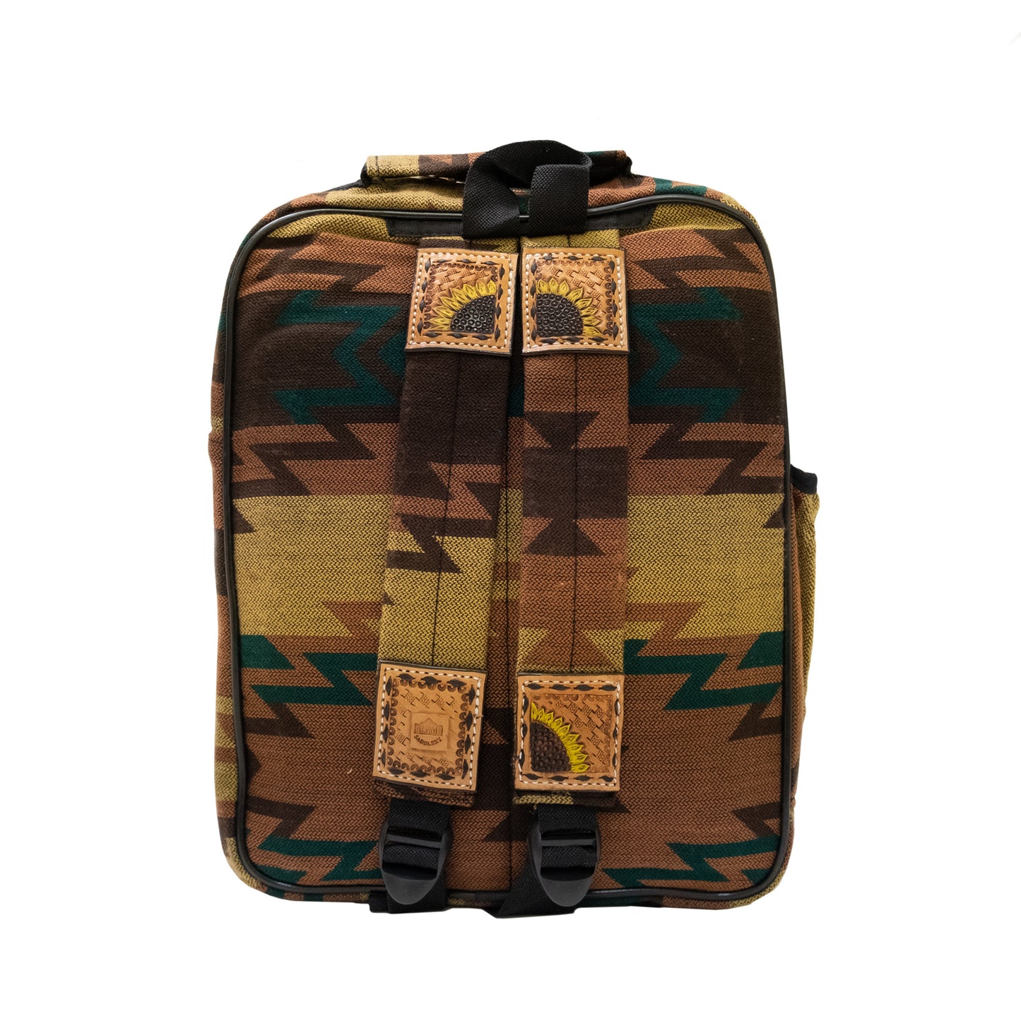 Backpack golden leather patch sunflower and basket tooling with buckstitch