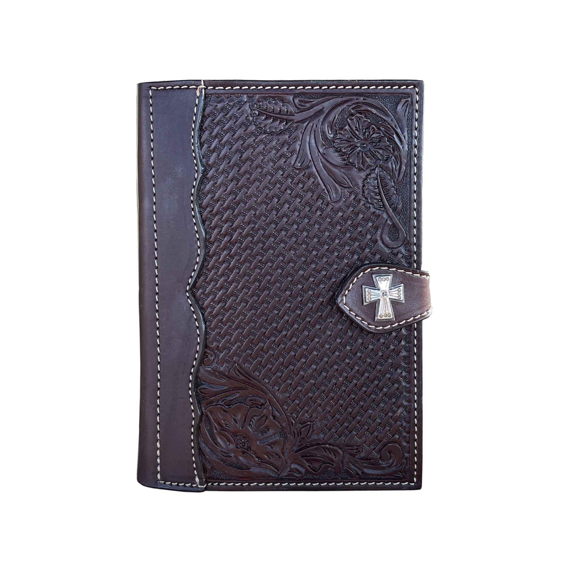 Bible cover chocolate leather basket and wild rose tooling with a #27 concho.
