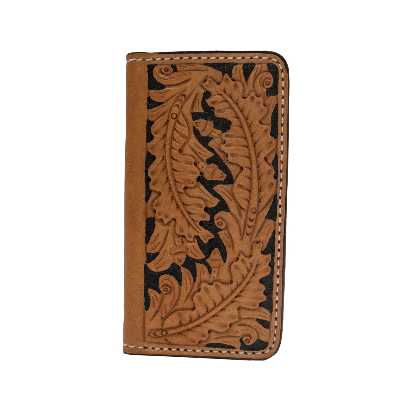 Tall wallet golden leather poco oak tooling with background paint