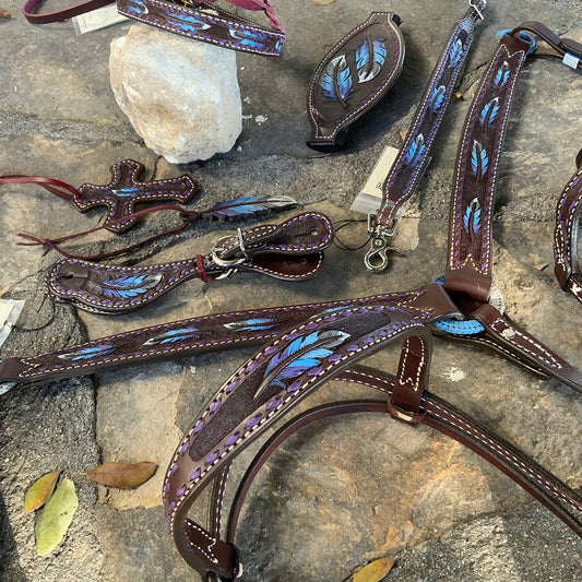 3023-FEATHER 1-3/4" Contour breast collar chocolate leather multicolored tooled with purple buckstitch and Spanish lace hardware