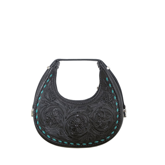 The Alamo Mini Handbag black leather with teal buckstitch
