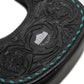 The Alamo Mini Handbag black leather with teal buckstitch
