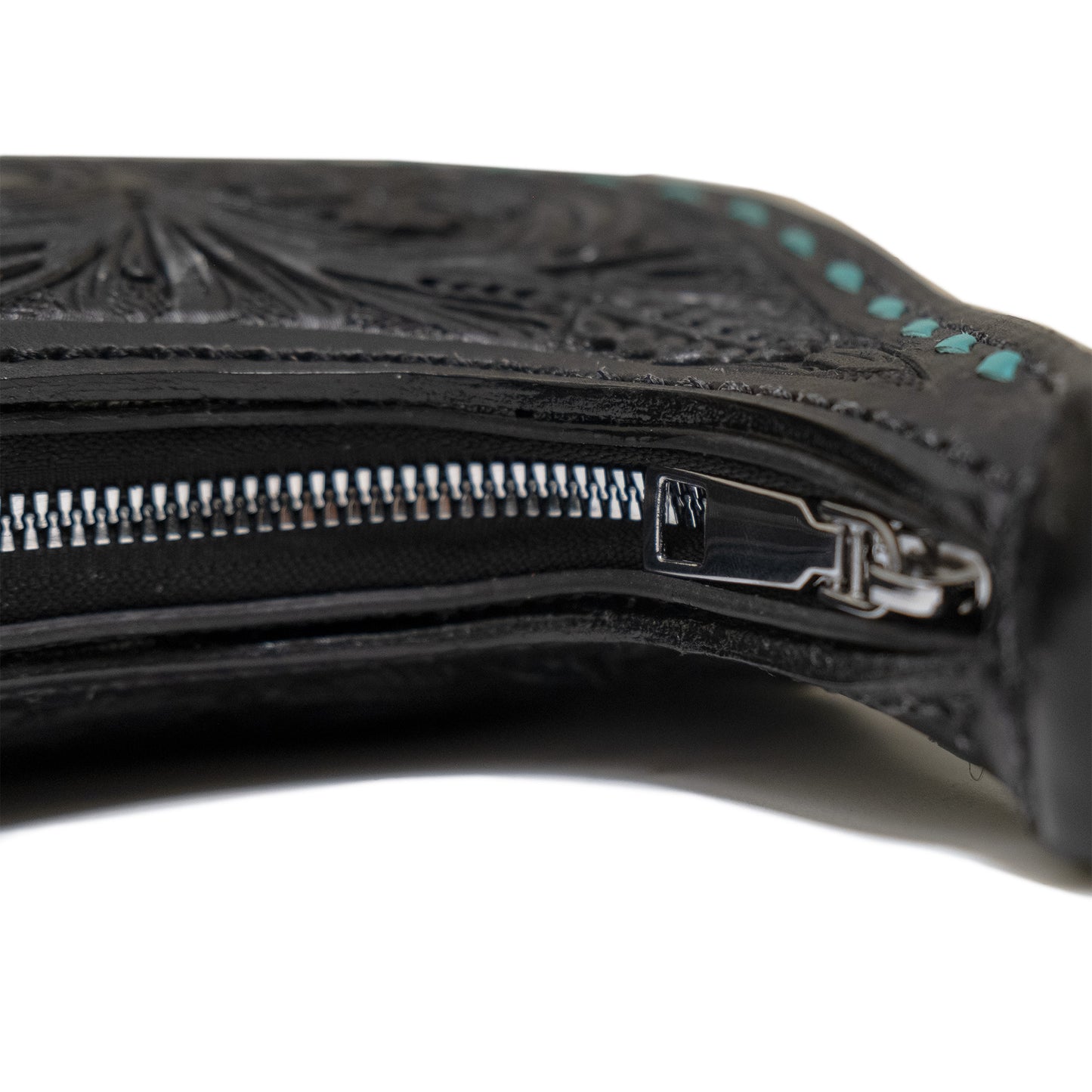 The Alamo Mini Handbag black leather with teal buckstitch