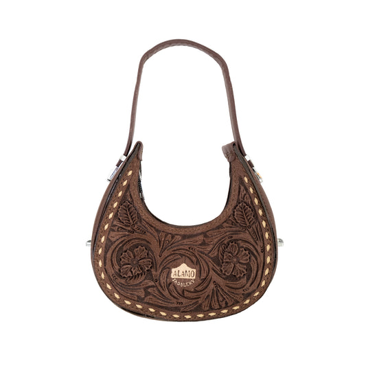 The Alamo Mini Handbag chocolate leather wyoming tooling with buckstitch