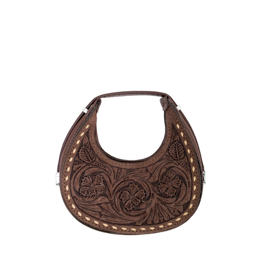 The Alamo Mini Handbag chocolate leather wyoming tooling with buckstitch