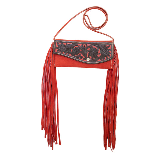 Handbag red suede with chocolate leather, daisy tooling, and background paint
