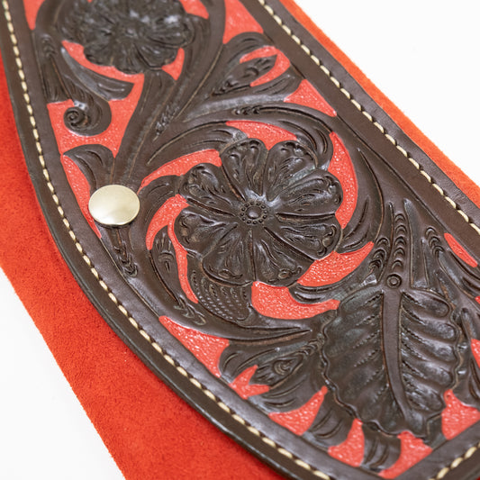 Handbag red suede with chocolate leather, daisy tooling, and background paint