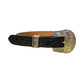 This is our kid's STRAIGHT black leather belt with mini daisy tooling. It comes with a silver belt buckle and silver loop.