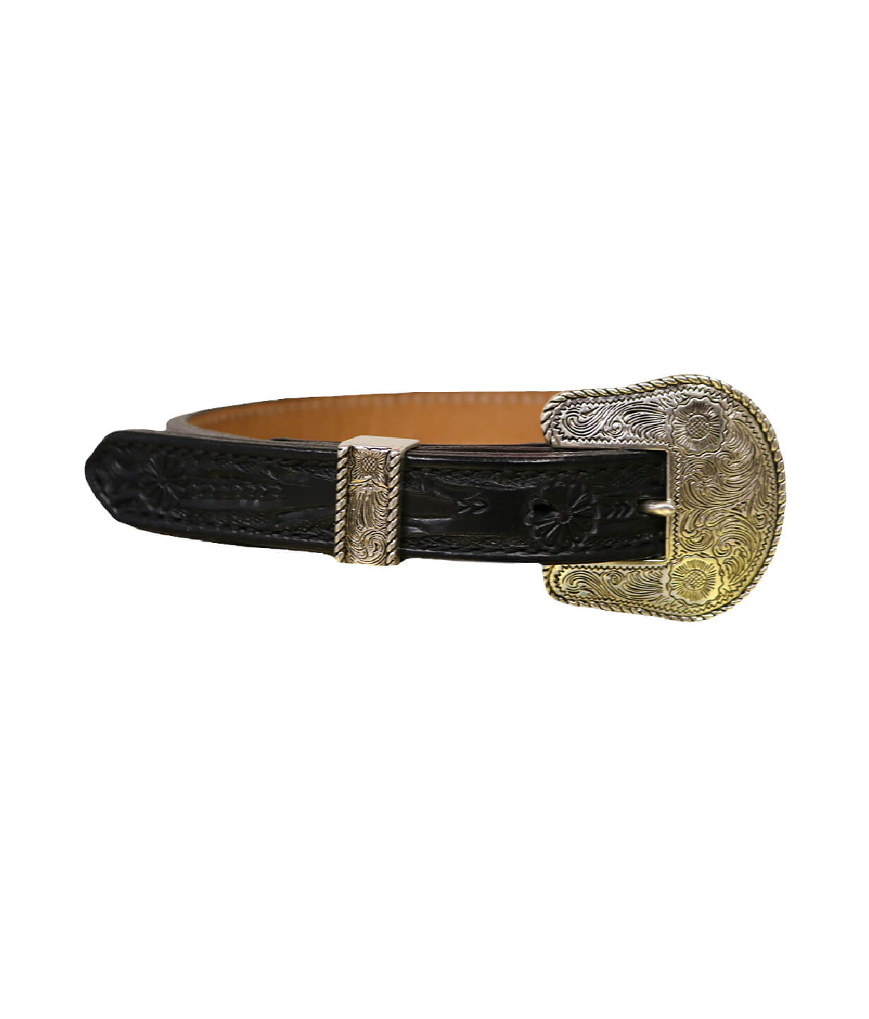 This is our kid's STRAIGHT black leather belt with mini daisy tooling. It comes with a silver belt buckle and silver loop.