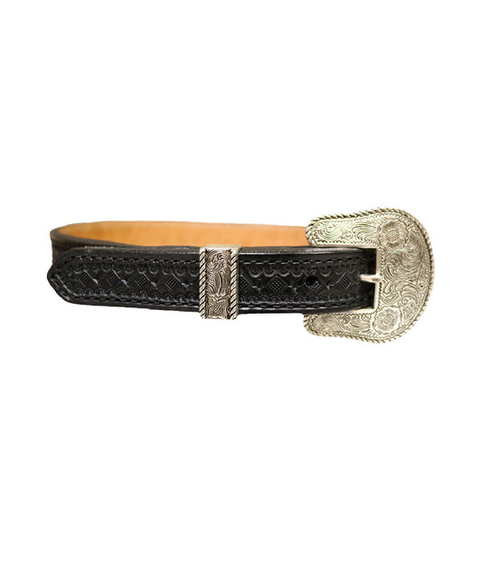 This is our kid's STRAIGHT black leather belt with waffle tooling. It comes with a silver belt buckle and silver belt loop.