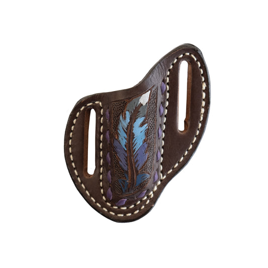 Pancake knife sheath chocolate leather multicolored feather tooled with purple buckstitch. 