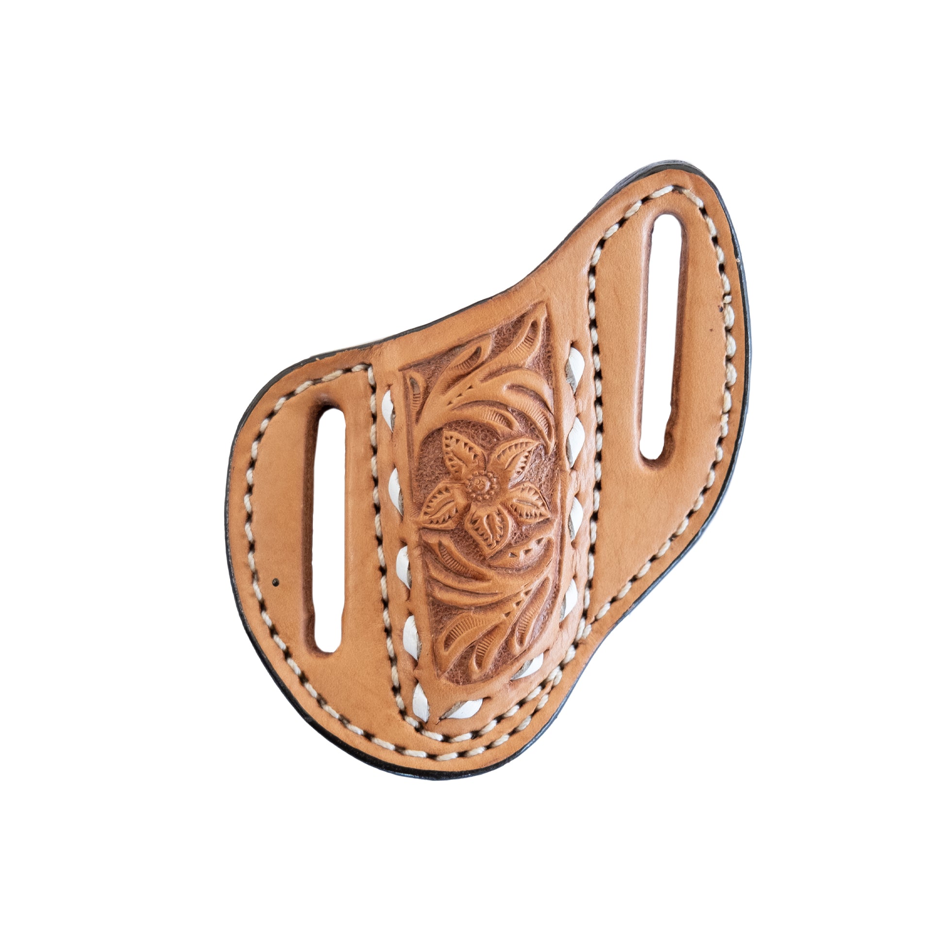Pancake knife sheath golden leather AA tooling with white buckstitch.