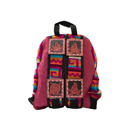 Mini backpack dirty pink leather patch rose tooling with buckstitch and background paint