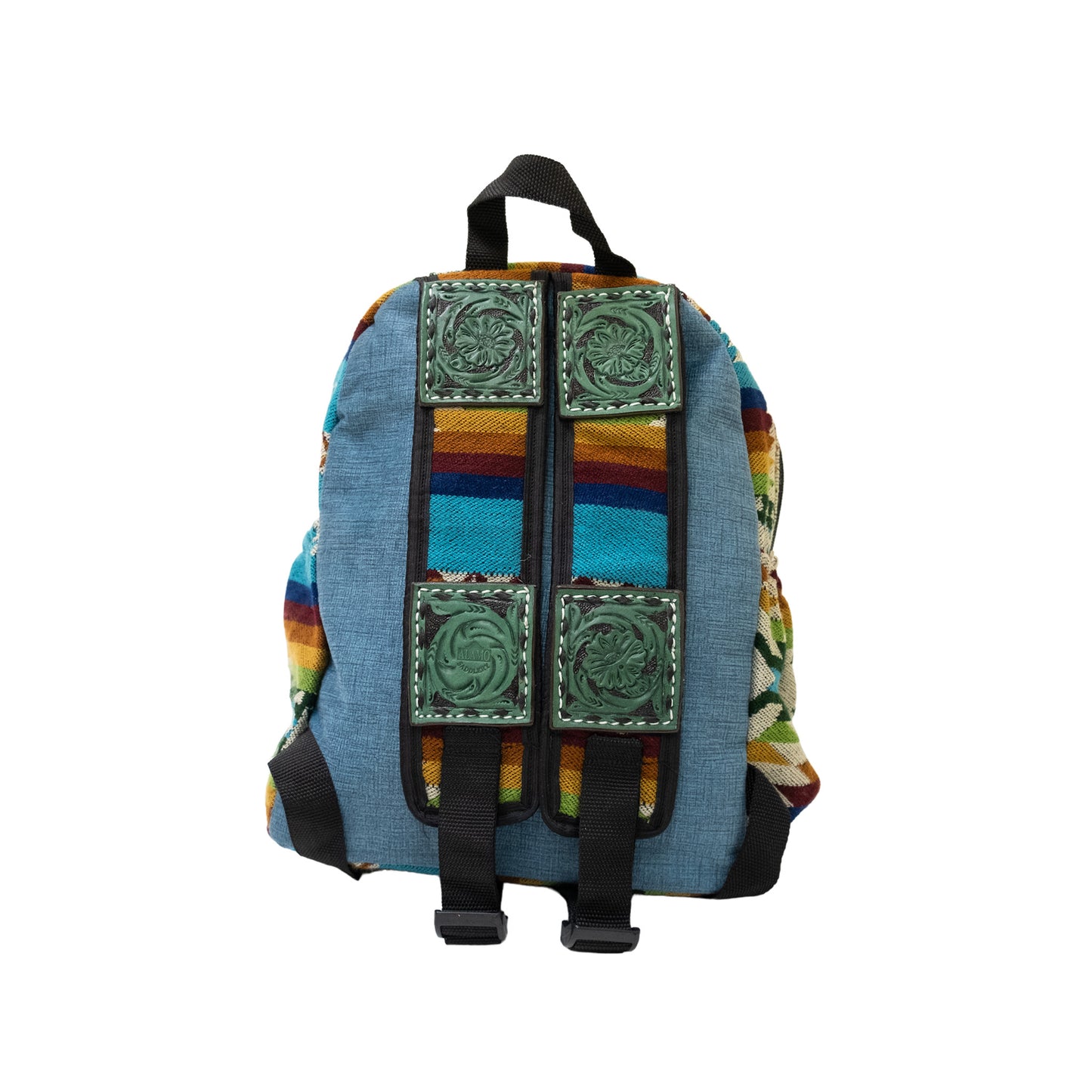 Mini backpack turquiose leather patch AA tooling with buckstitch and background paint