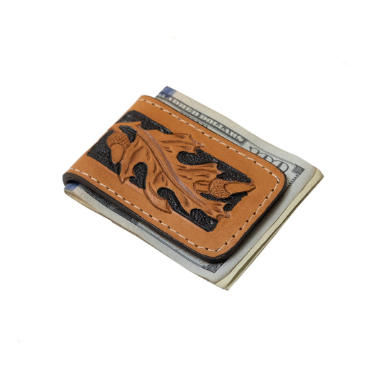 Money clip golden leather acorn tooling with background paint