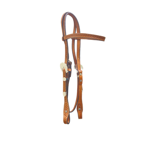 2015-KS 1/2" Straight broadband headstall golden leather basket tooled with silver bars and silver hardware