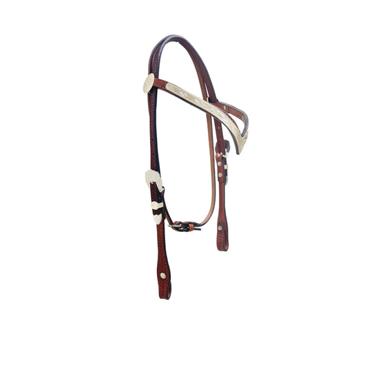 2019-KS V-browband golden or toast leather headstall basket tooled with silver hardware