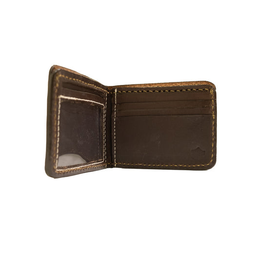 Bi-fold wallet chocolate leather feather tooling