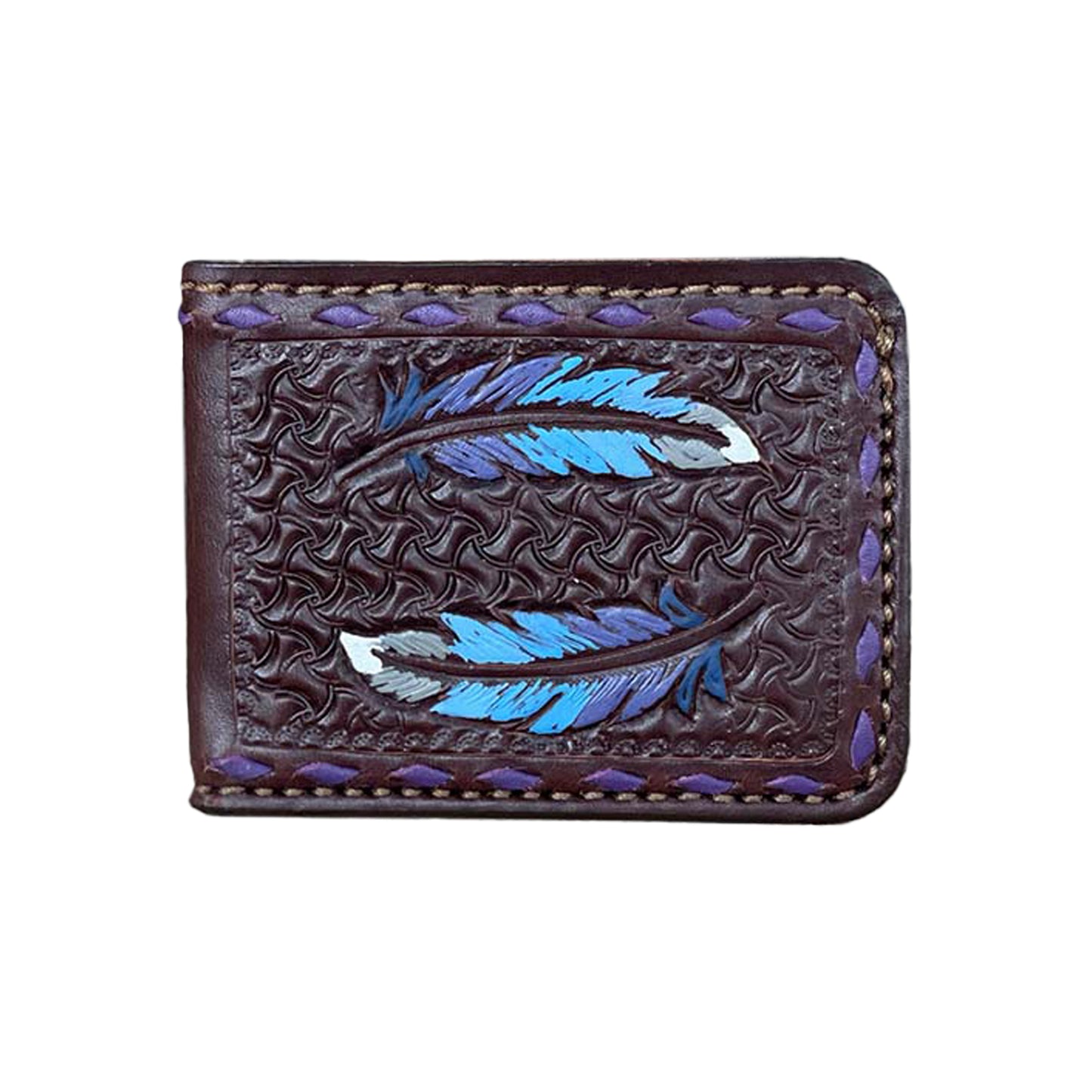 Bi-fold wallet chocolate leather feather tooling