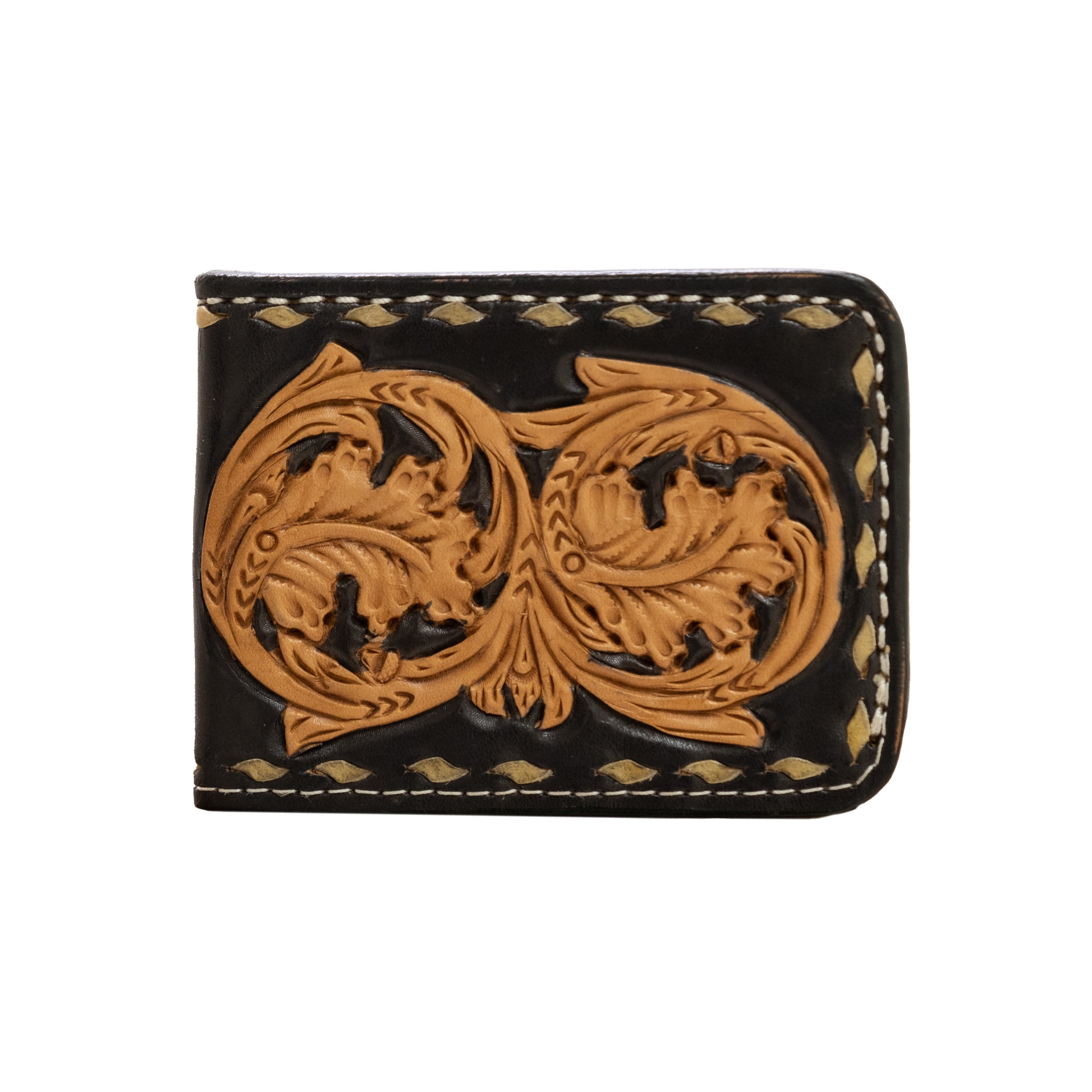 Bi-fold wallet golden leather mini poco oak tooling with buckstitch an –  Alamo Saddlery