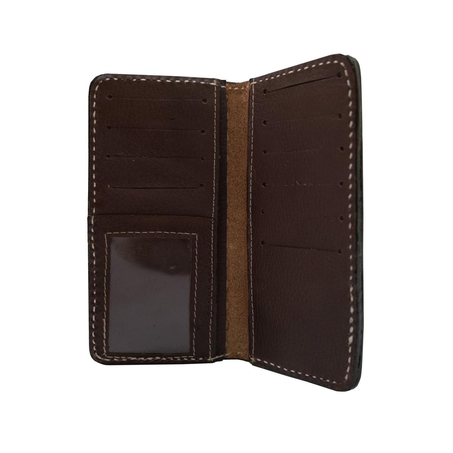 Tall wallet rough out chocolate leather with buckstitch