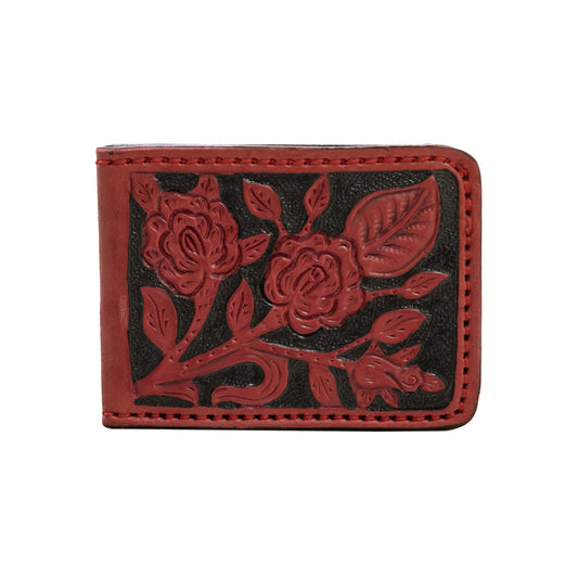 Bi-fold wallet dirty pink leather rose tooling with background paint