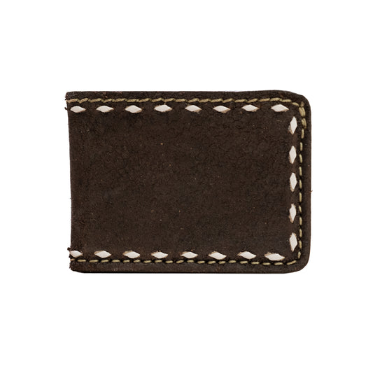 Bi-fold wallet rough out chocolate leather with buckstitch