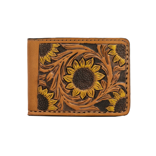 Bi-fold wallet golden leather sunflower tooling