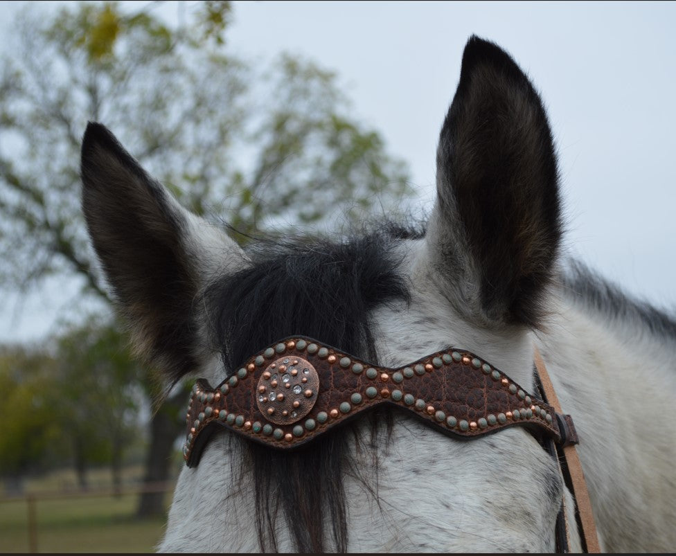 2046-RW 2-1/2" Diamond browband headstall rough out golden leather redwood elephant overlay with spots