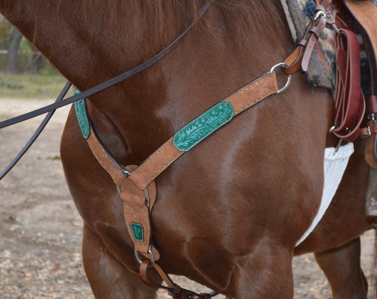 3022-AOT 1-3/4" Contour breast collar rough out chocolate leather with tooled patch and buckstitch