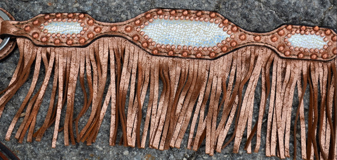 3F85-IC 2" Breast collar toast leather copper crackle and holographic overlay with spots and fringe