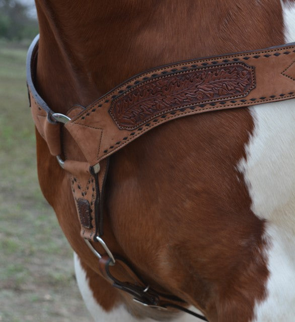 3800-AO 3" Breast collar rough out toast leather with oak leaf tooled patch, buckstitch, and double tugs