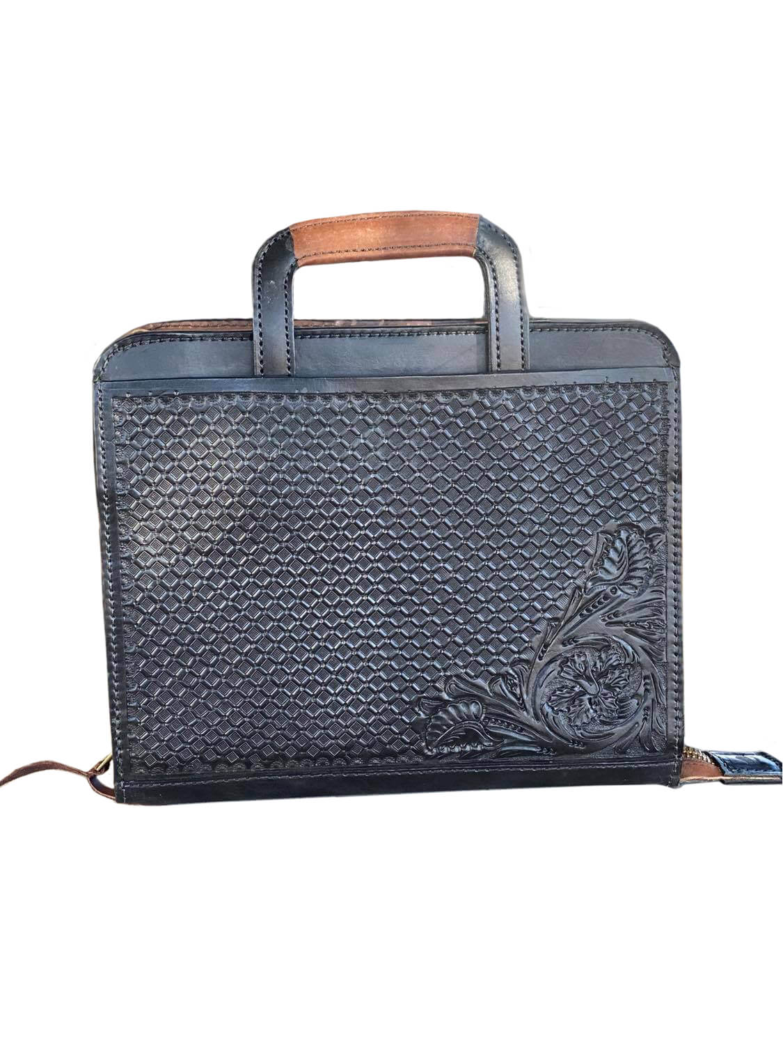 Cowboy Briefcase black and toast leather waffle and bell flower tooling