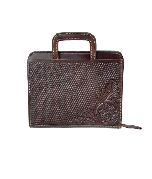 Cowboy Briefcase chocolate leather basket and wild rose tooling