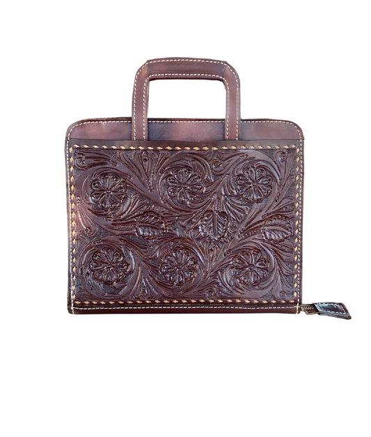Cowboy Briefcase chocolate leather daisy tooling with buckstitch