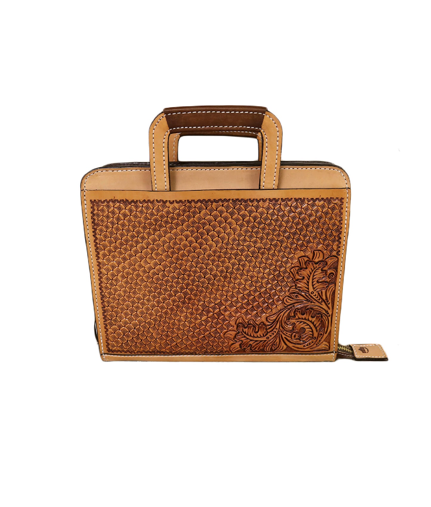 Cowboy Briefcase golden and chocolate leather waffle and oak leaf tooling