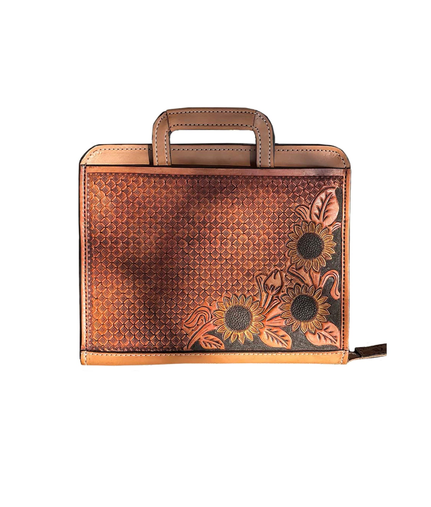 Cowboy Briefcase golden leather waffle and sunflower tooling with background paint
