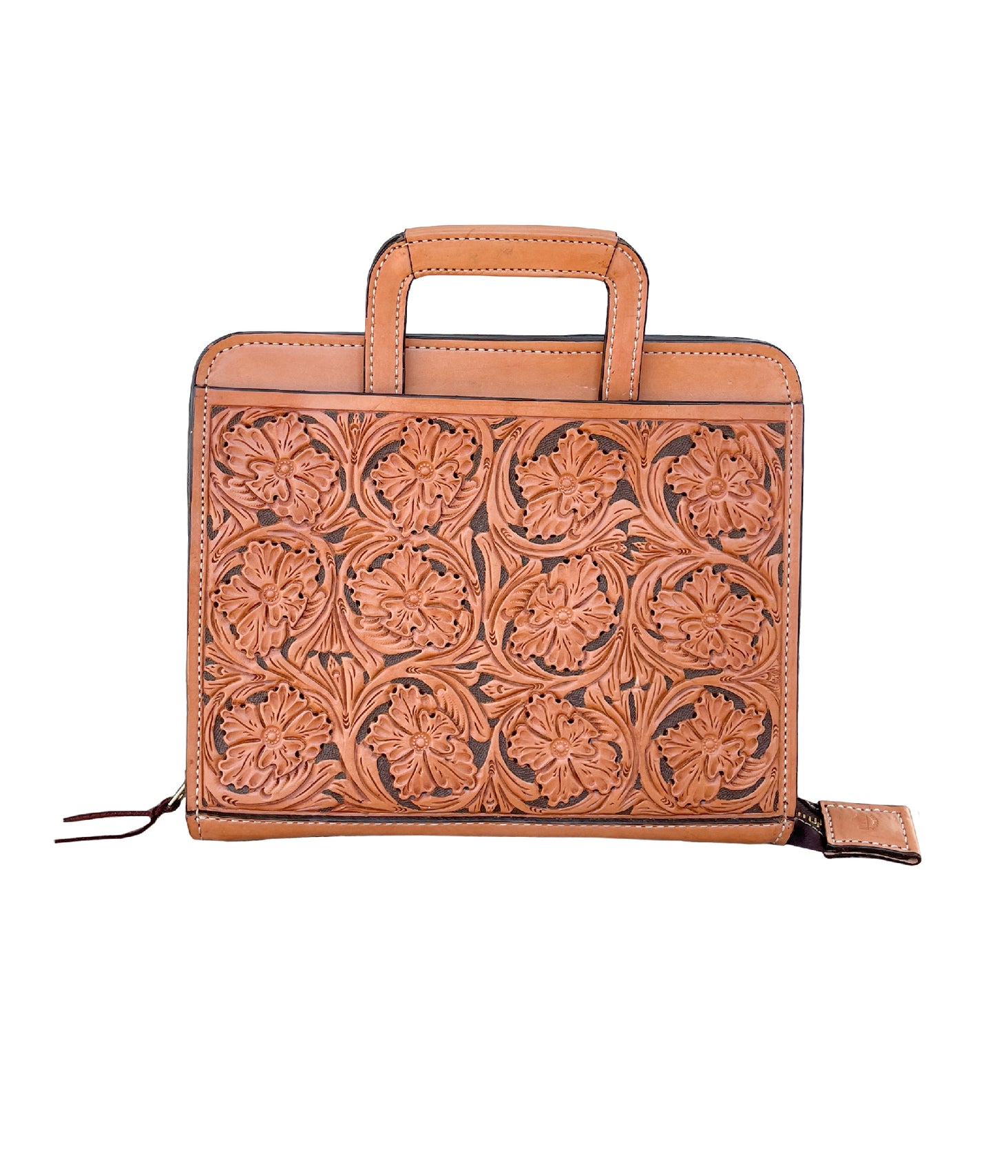 Cowboy Briefcase golden wild rose tooling with background paint and an antique finish