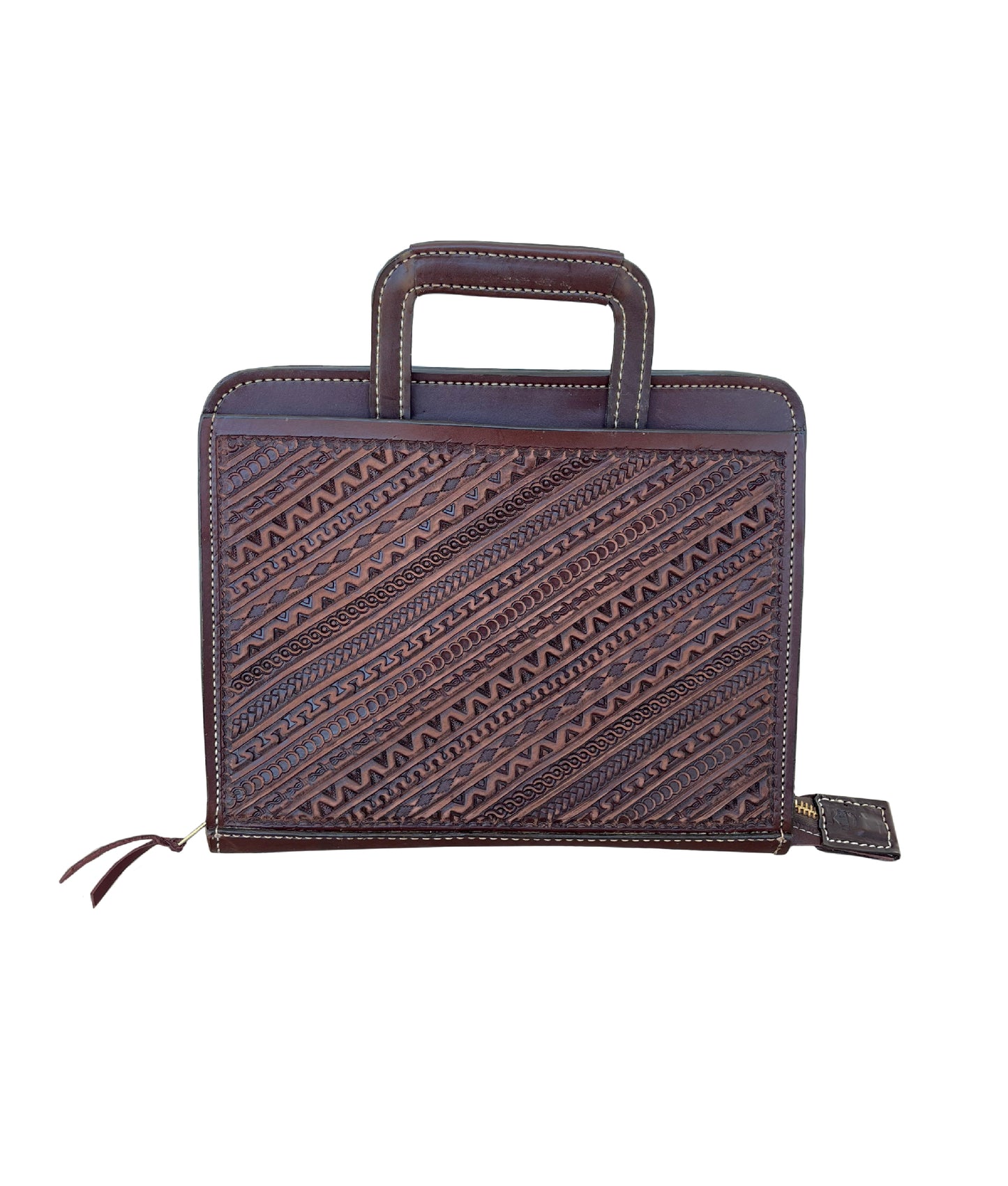 Cowboy Briefcase rough out chocolate leather geo-aztec tooling