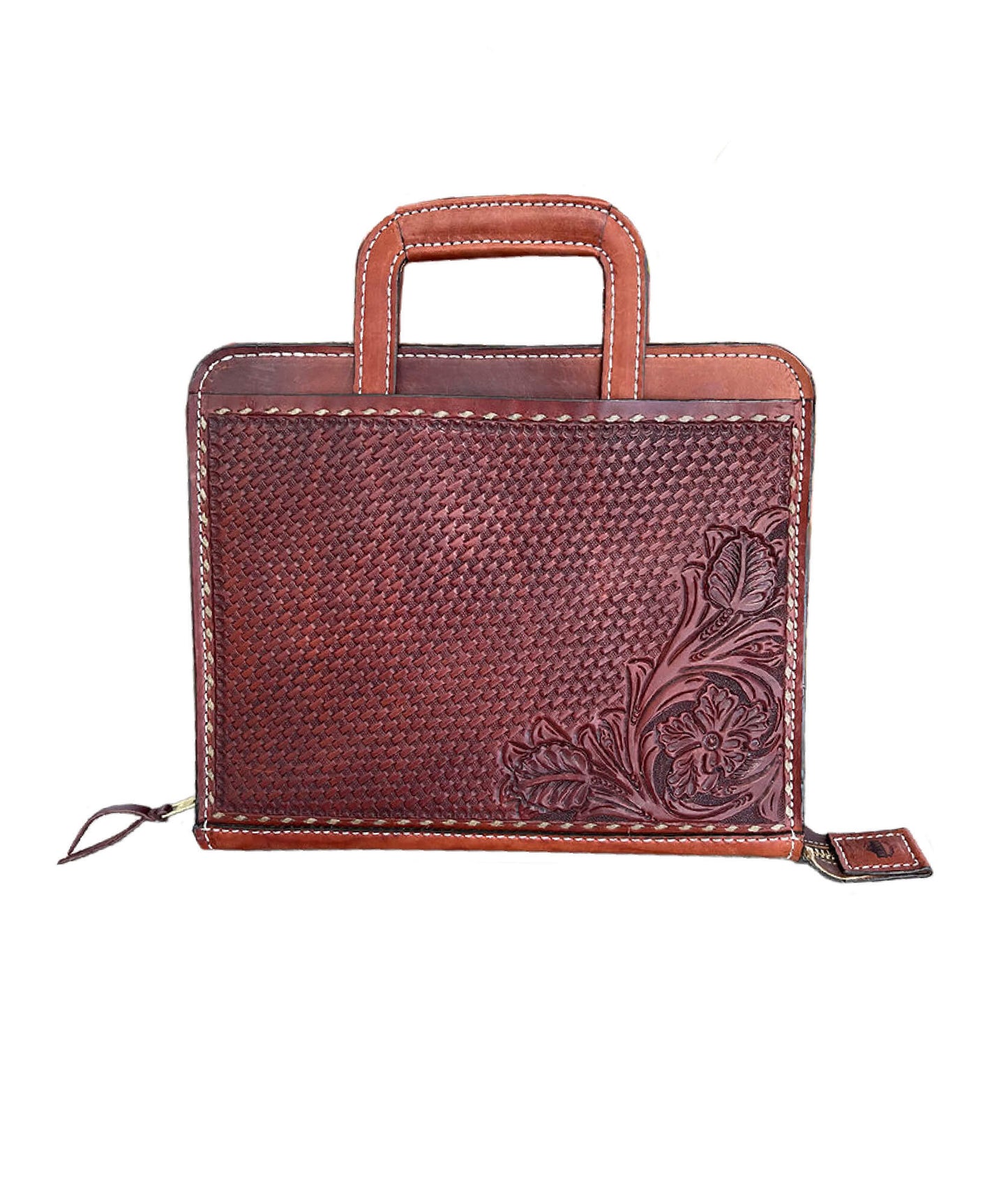 Cowboy Briefcase toast leather basket and wild rose tooling with buckstitch