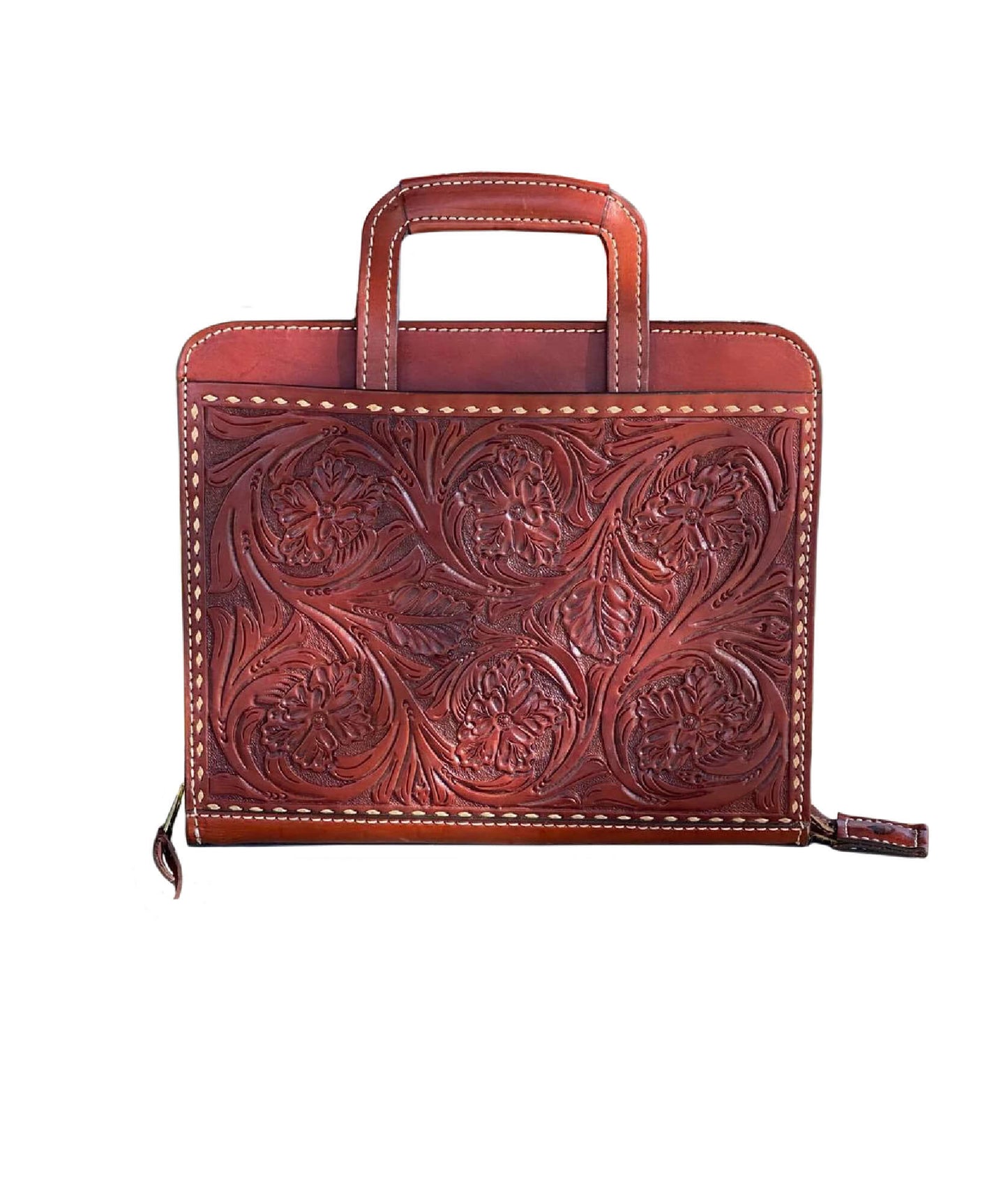 Cowboy Briefcase toast leather wild rose tooling with buckstitch