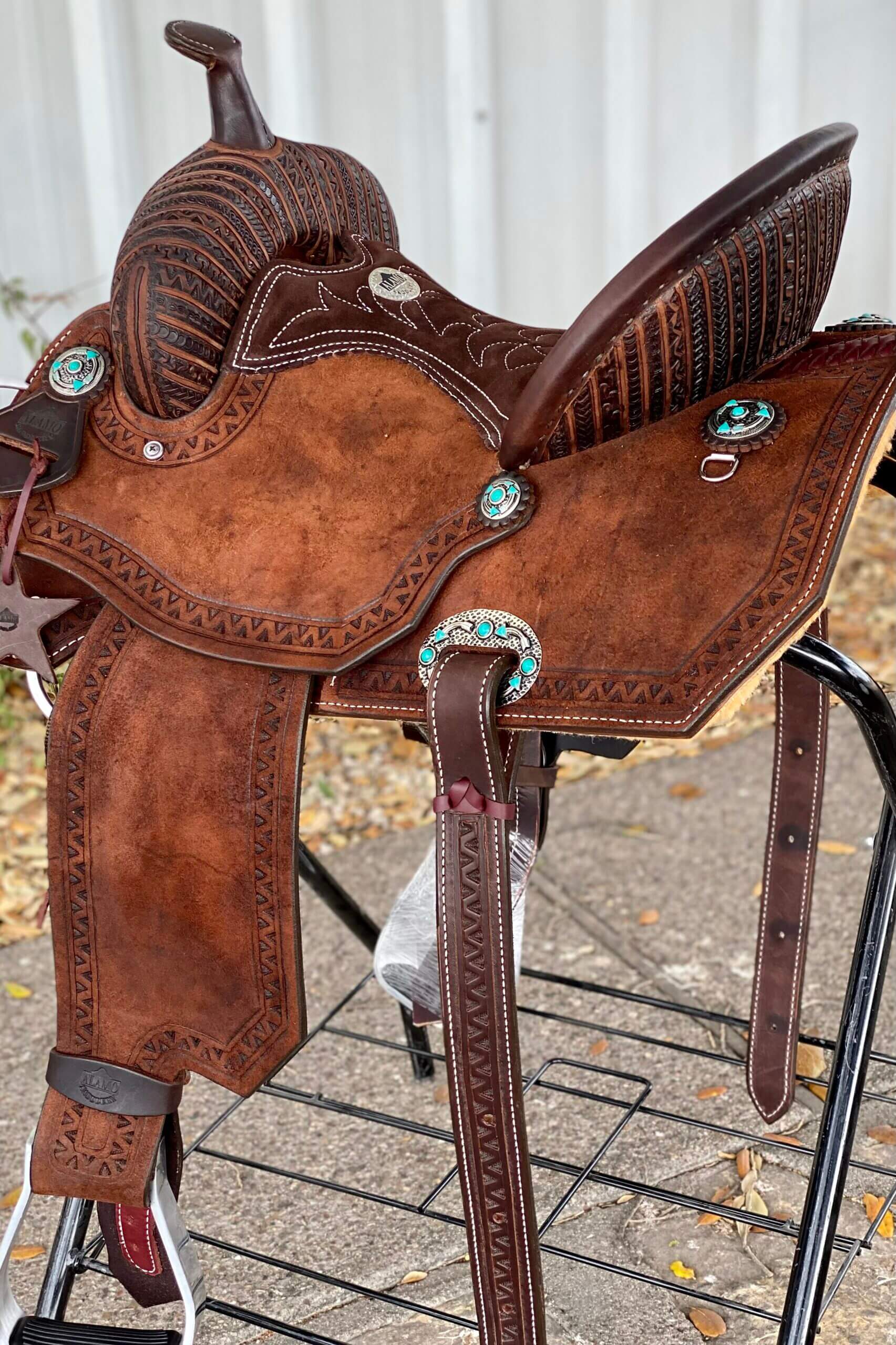 Custom Aztec Tooled Barrel Saddle