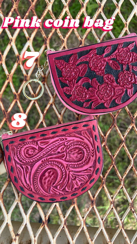 Pink leather tooled keychains Coin bag