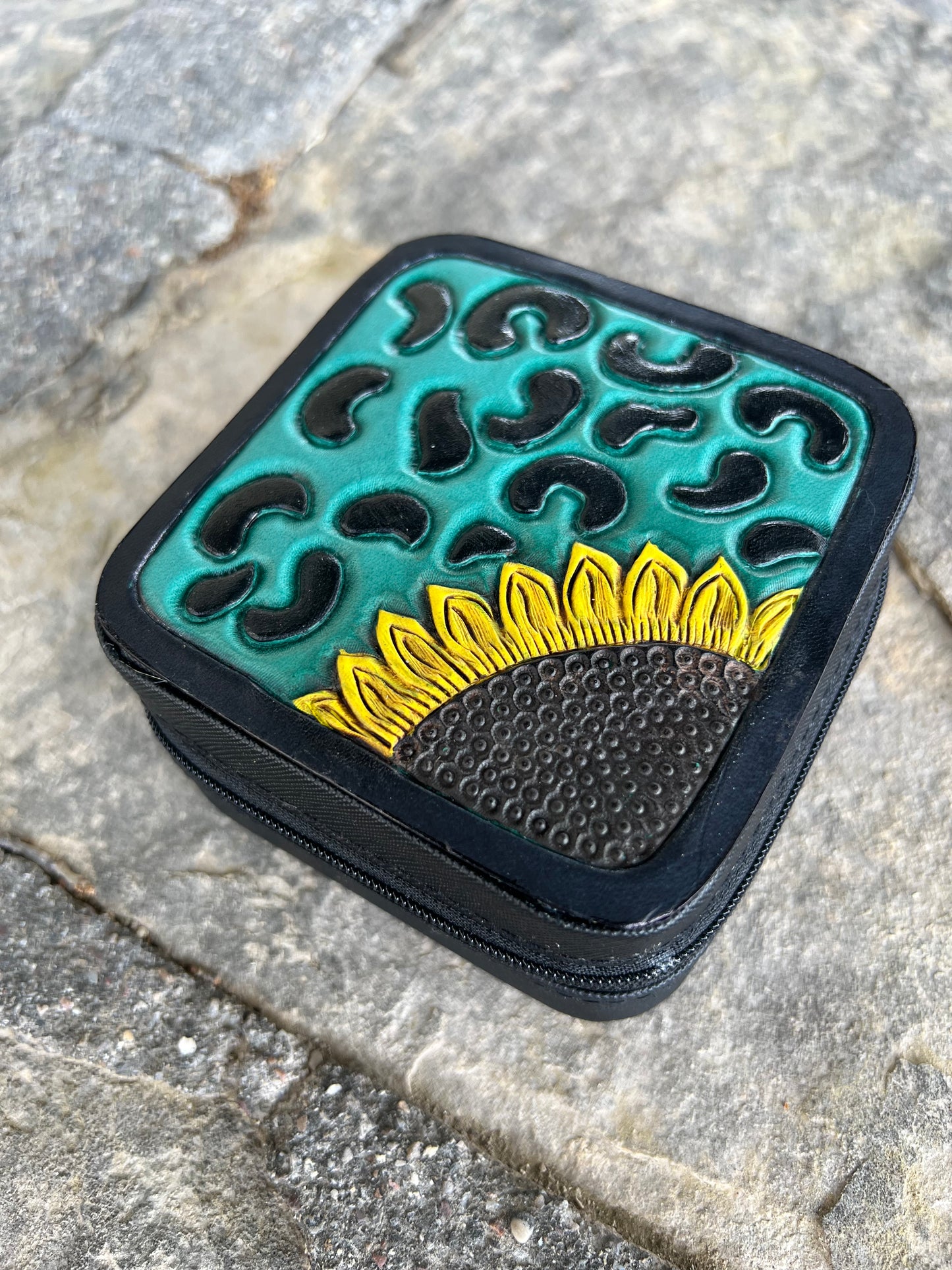 Mini black jewelry box with cheetah and sunflower with turquoise leather