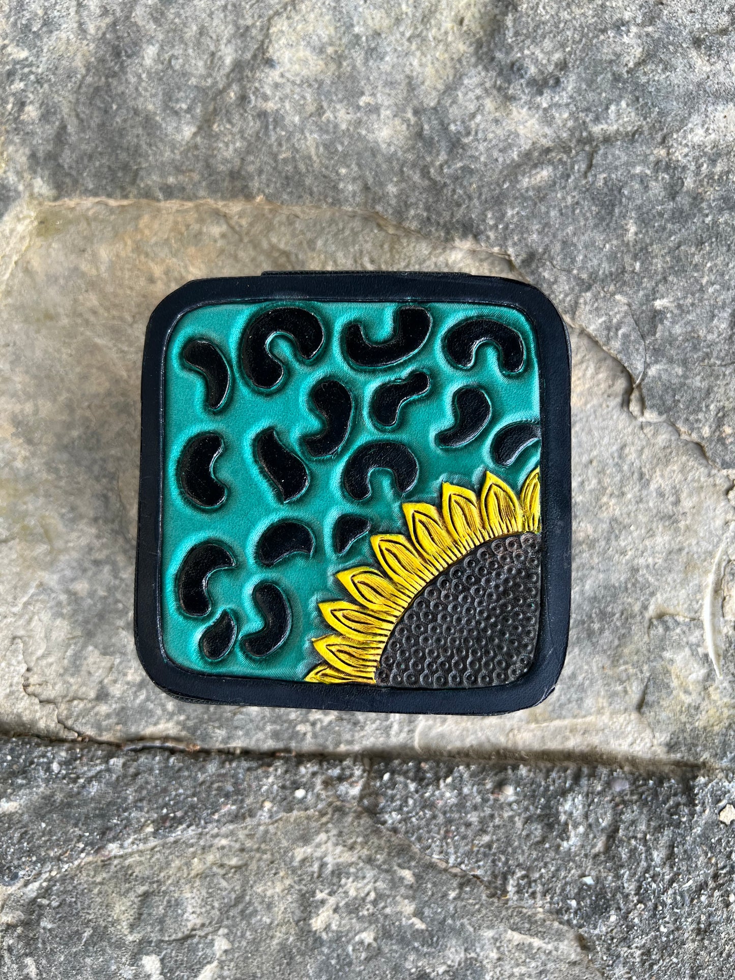 Mini black jewelry box with cheetah and sunflower with turquoise leather