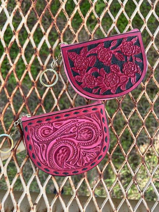 Pink leather tooled keychains Coin bag